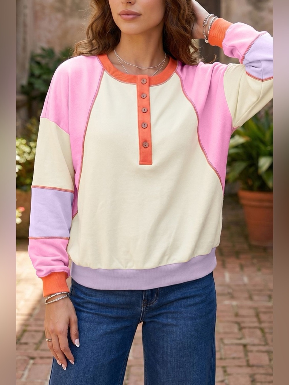 Multicolour Exposed Seam Colorblock Patchwork Long Sleeve Top